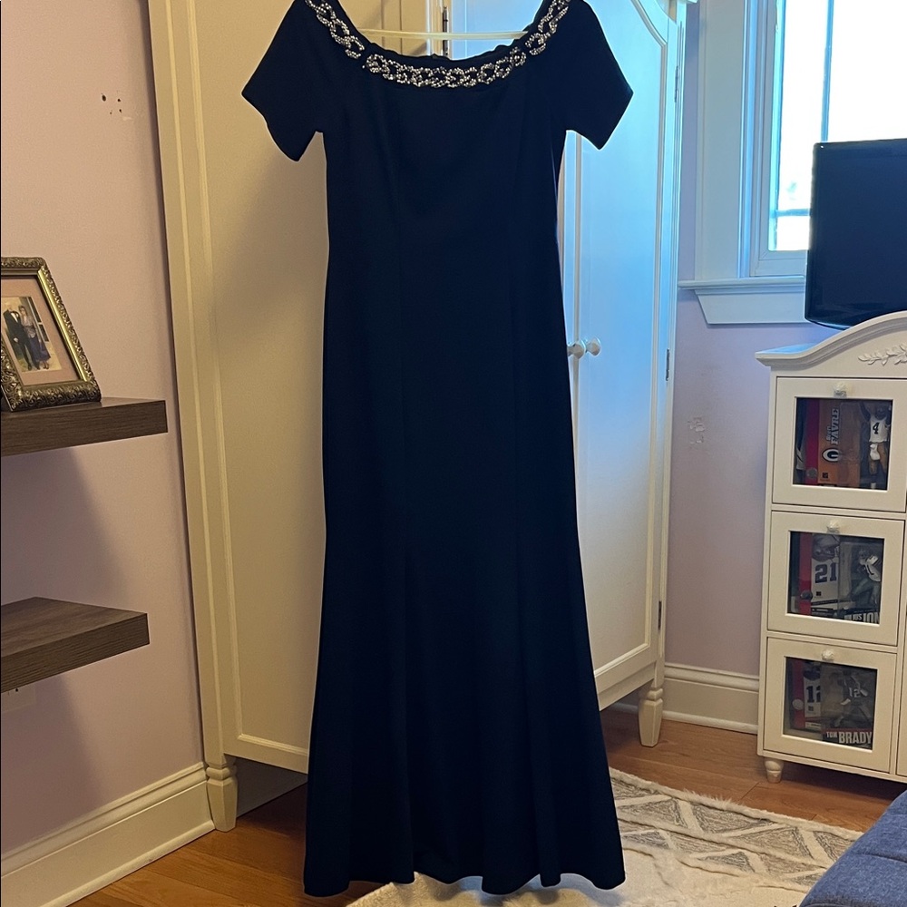 MARINA navy blue  Maxi Dress with Silver Detailing